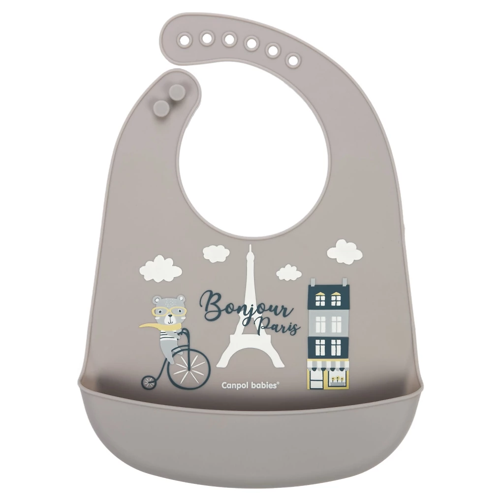 Canpol babies Bryndák silikonový s kapsou BONJOUR PARIS varianta Béžový
