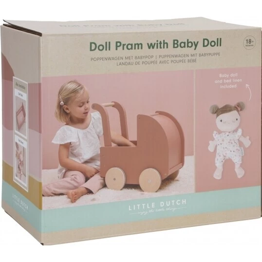 Little Dutch Kočárek pro panenky dřevěný s panenkou - 